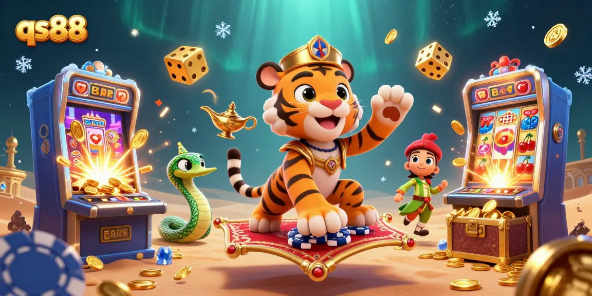 Experience thrilling gaming action with qs88 featuring a whimsical 3D casino scene of a sultan and genie.