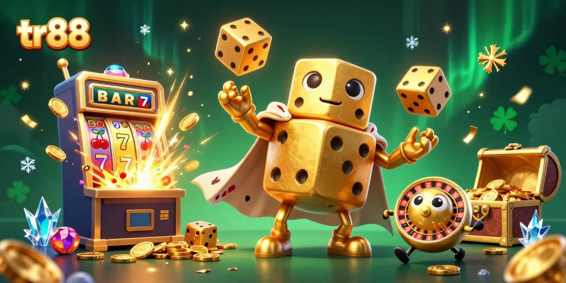 Experience vibrant casino action at tr88 with a golden dice golem, jackpot bursts, and dynamic gaming atmosphere.