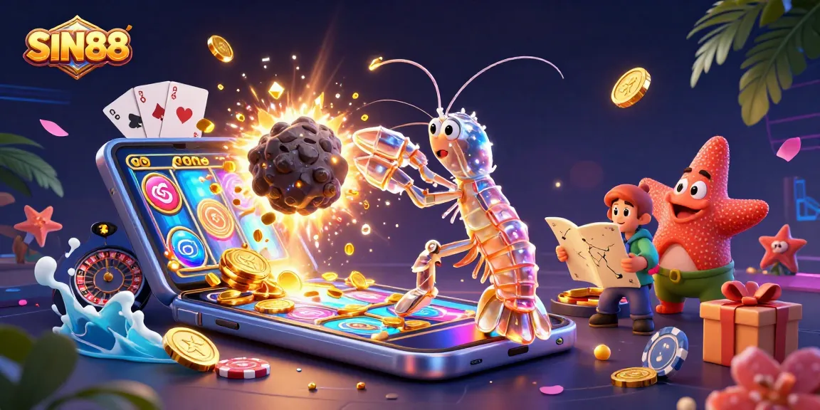 SIN88 offers exhilarating gaming experiences, featuring a vibrant 3D illustration of a mantis shrimp and a starfish amidst explosive treasure.