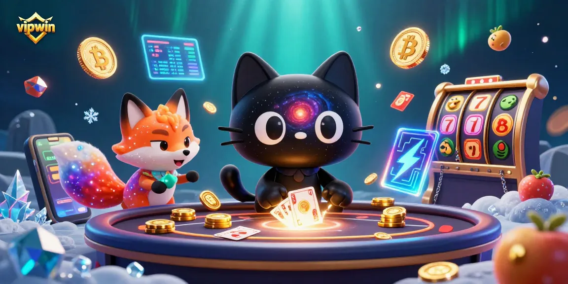 Win big at vipwin with a vibrant cosmic casino scene featuring a black hole cat and colorful gameplay elements.