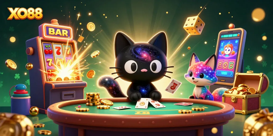Experience excitement at XO88 with a cosmic-themed casino scene filled with vibrant game elements.