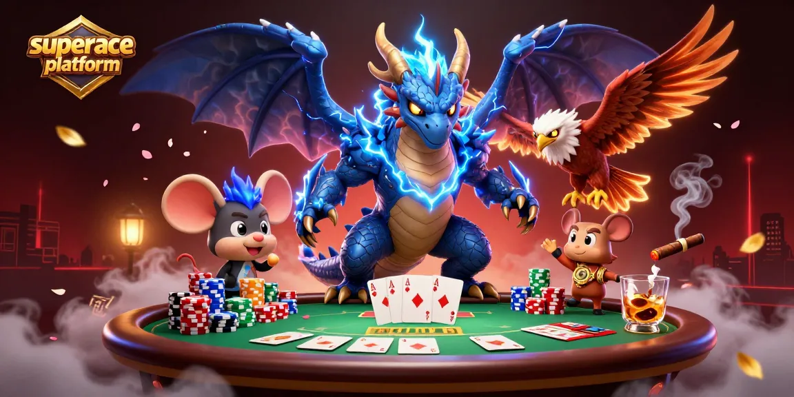 Join the excitement on the superace platform with animated characters amid a dynamic poker scene.