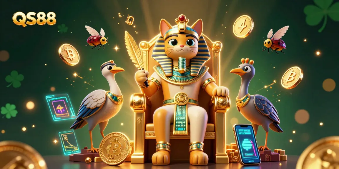Experience the vibrant QS88 casino adventure with a 3D Egyptian pharaoh cat in a thrilling gaming scene.