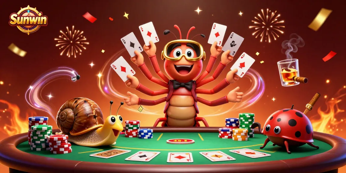 Sunwin casino scene featuring a millipede dealer fanning cards and high-roller snail pushing chips.