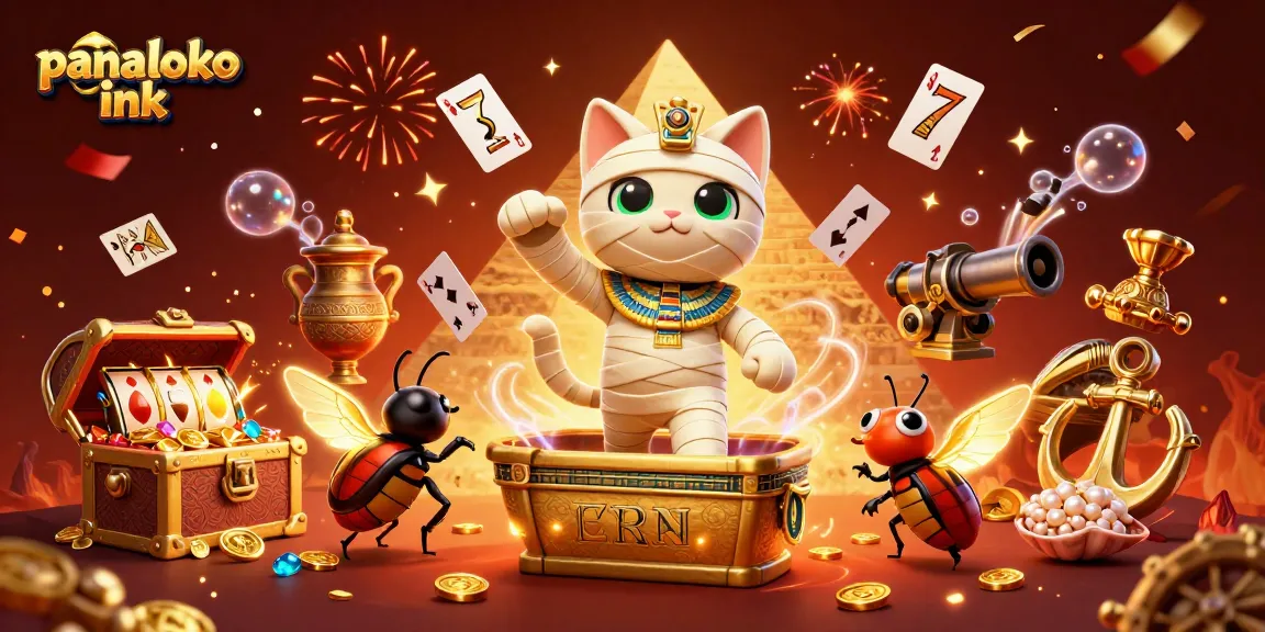 Panaloko ink brings excitement as a cat mummy and scarab beetle celebrate wins with slots in dynamic casino scene.