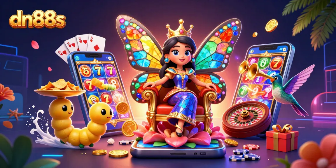 Experience slot excitement with dn88s featuring a butterfly queen in a vibrant casino scene.
