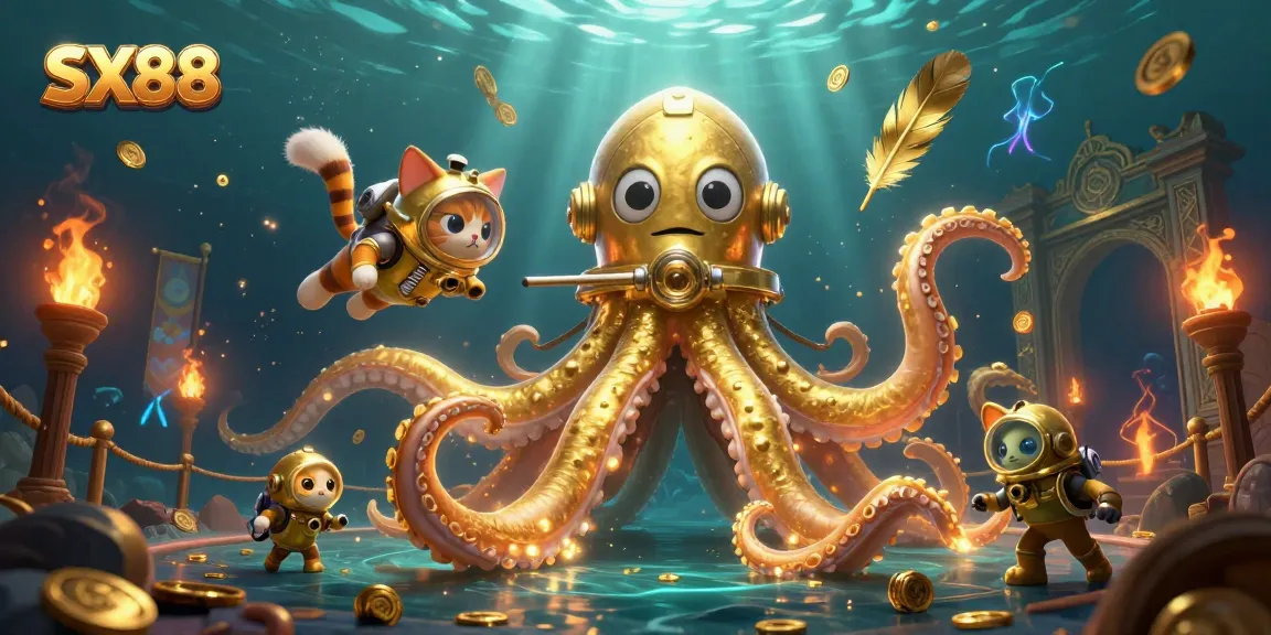 SX88 offers thrilling underwater adventures with a kraken and diving cat amidst vibrant casino elements.