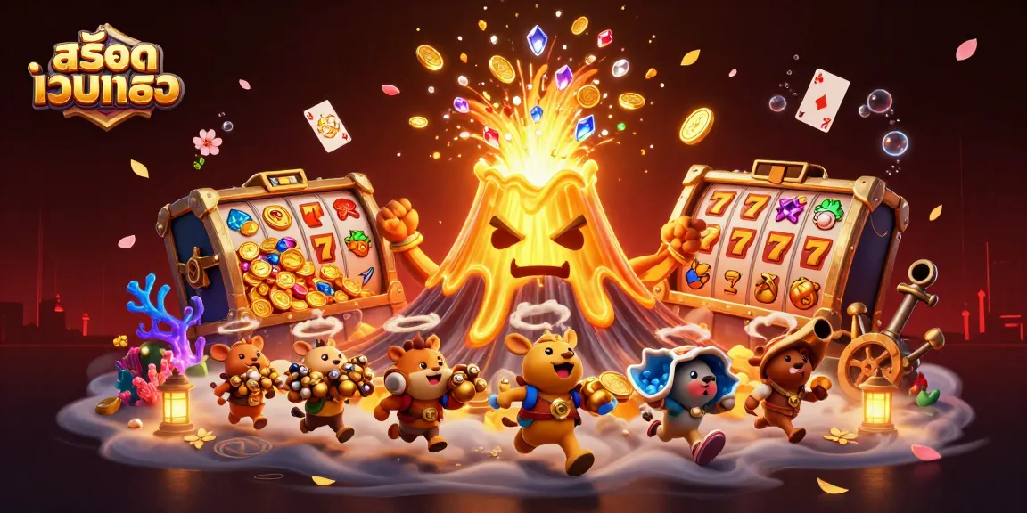 Engage with สล็อตเว็บตรง in this vibrant casino illustration showcasing treasure and slots.