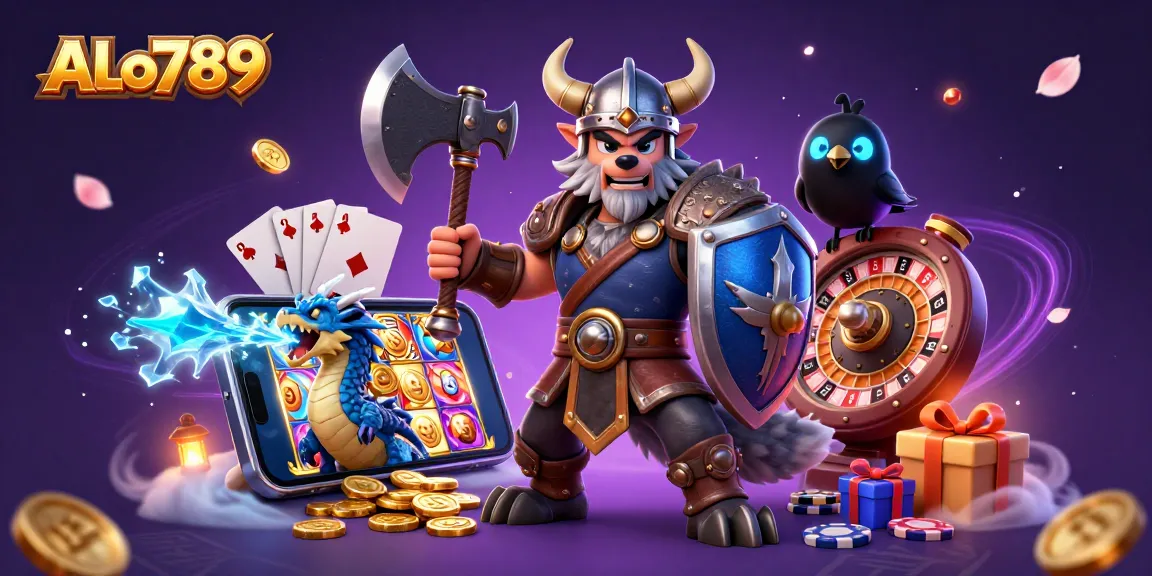 Bet on ALo789 with a Viking wolf warrior and dynamic casino game elements in a colorful illustration.