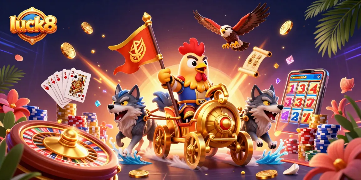 Engage with luck8: A dynamic scene showcasing a rooster warlord leading a vibrant casino adventure.